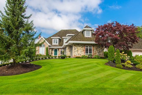 Striped front lawn and landscaped beds at a Johnson County home